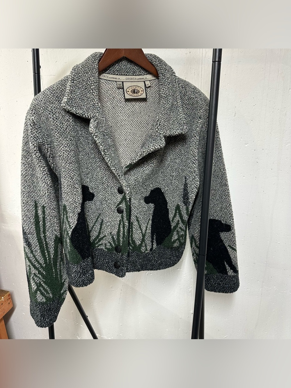 Cozy Gray Teddy Jacket with Black Dog Motif